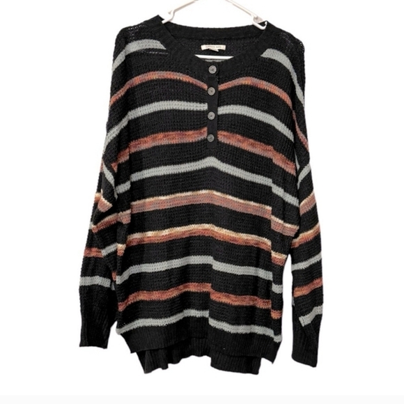 American Eagle striped 4 button henley cotton knit oversized sweater top medium - Picture 4 of 13